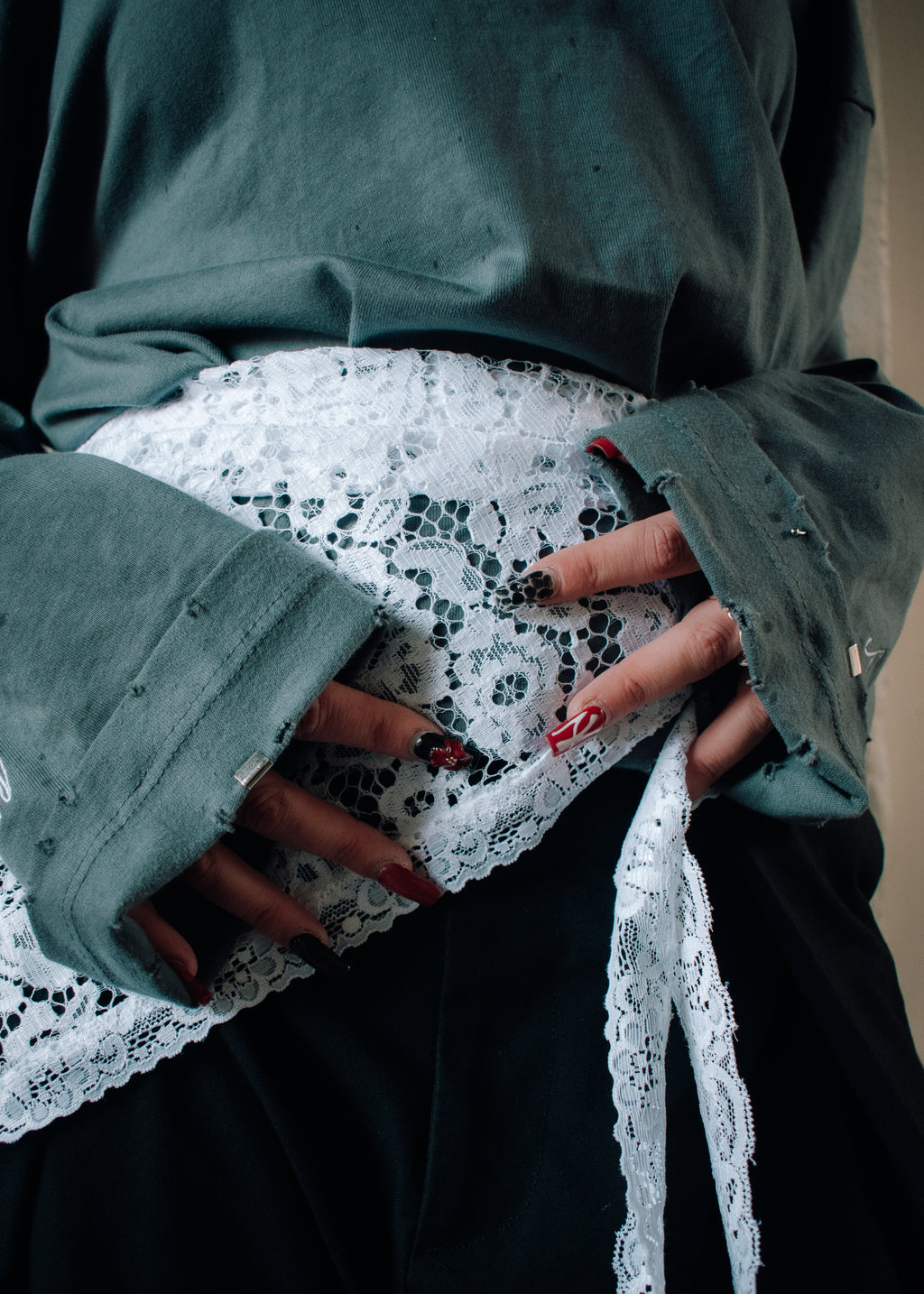 Model wearing the Forever Yours lace scarf. 